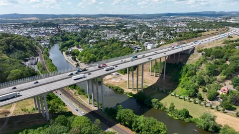 Aerial view of German highway A3 and highway-bridge Stock Footage 340334452