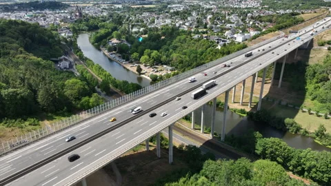 Aerial view of German highway A3 and highway bridge Stock Footage 340334496