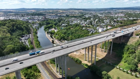 Aerial view of German highway A3 and highway-bridge Stock Footage 340334572