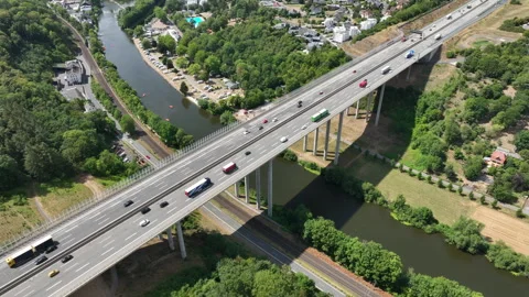 Aerial view of German highway A3 and highway-bridge Stock Footage 340334612