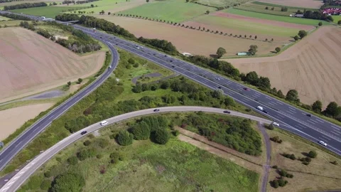 Aerial view of a german highway junction with car traffic Stock Footage 198877213