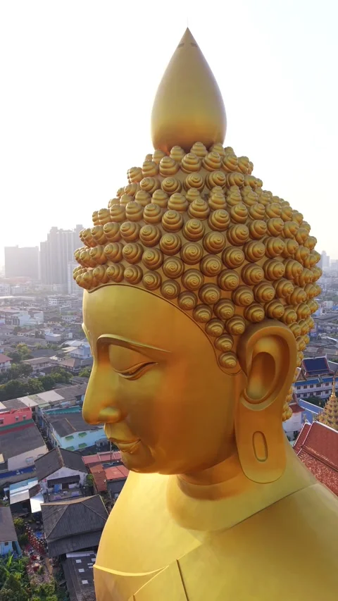 Aerial view of giant golden Buddha statue at Wat Paknam temple Bangkok Thailand Stock-Footage 336564580
