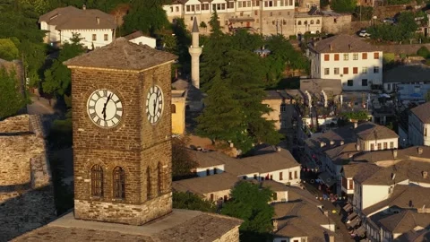 Aerial view of the Gjirokaster Castle clock tower, Albania. 스톡 동영상 337181653