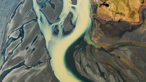 Aerial view of a glacial river system in the south of Iceland. Stock Footage 115111644