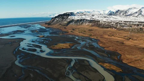 Aerial view of a glacial river system in the south of Iceland. Stock Footage 115112764