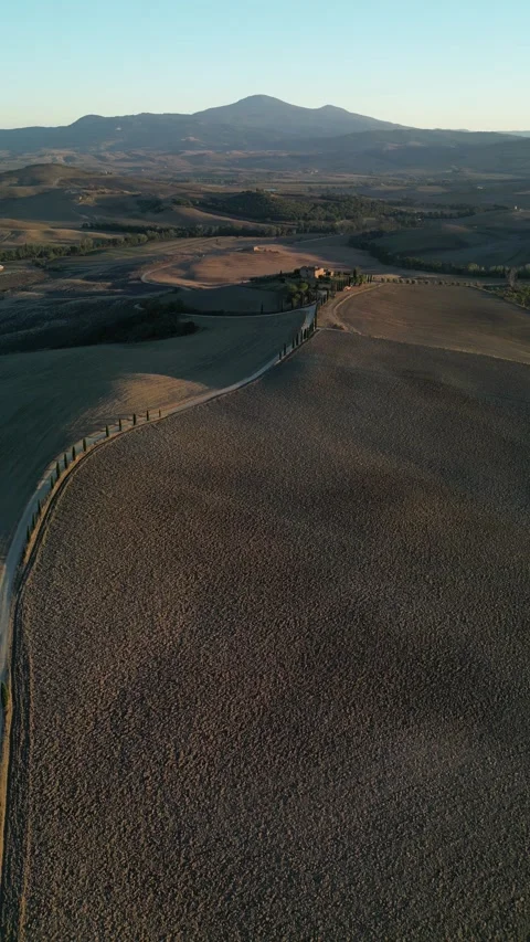 Aerial View of Gladiator cypress road in Pienza Tuscany Italy during sunset Stock Footage 250385498