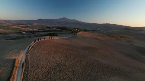 Aerial View of Gladiator cypress road in Pienza Tuscany Italy during sunset Stock Footage 250385672