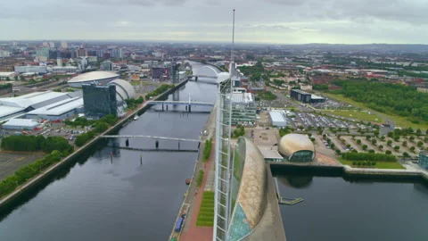 Aerial view of Glasgow Science Centre and River Clyde Stock Footage 336778997