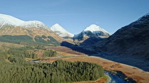Aerial view of Glen Etive – mountains, rivers & lakes of Scottish highlands, UK Stock Footage