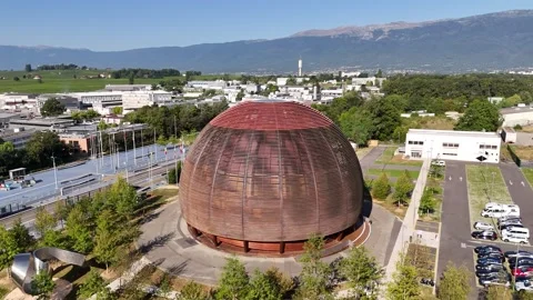 Aerial view of the Globe of Science and Innovation at CERN, Geneva, Switzerland Stock Footage 288222981