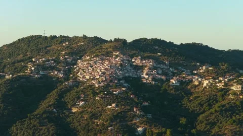 Aerial view of Glossa, a traditional hillside village on Skopelos island, Greece Stock Footage 346709602