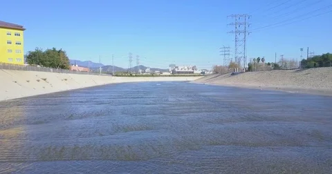 Aerial view going through the LA River Stockbeeldmateriaal 77702584