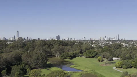 Aerial View Gold Coast Park Lake.Surfers Paradise Broadbeach Skyscrapers Stock Footage 310526853