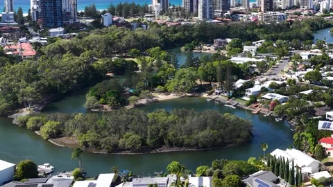 Aerial View of Gold Coast River and Surfers Paradise Skyline Stock-Footage 334827677