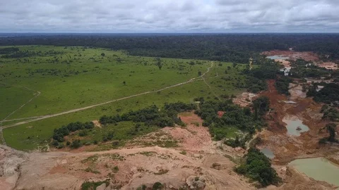 Aerial view of gold mining deforestation of the Amazon rainforest Stock-Footage 128778051