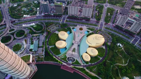 Aerial View of Golden Dome Complex Surrounded by Modern City Roads Видео 336526526