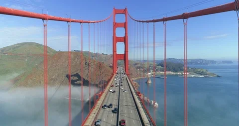 Aerial view of the Golden Gate Bridge in fog. San Francisco. Drone. California Stock Footage