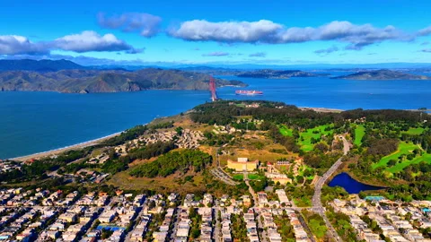 Aerial view of Golden Gate Bridge and Presidio headlands, San Francisco Stock Footage 337462810