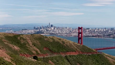 Aerial View of the Golden Gate Bridge and San Francisco Skyline from the Hills Stock Footage 340370836