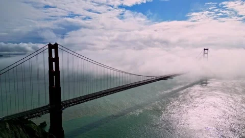Aerial view of Golden Gate Bridge shrouded in fog, United States. Stock Footage 340662074