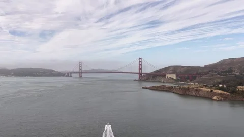 Aerial View of Golden Gate Bridge with Boat Crossing San Francisco Bay Stock Footage 341415079