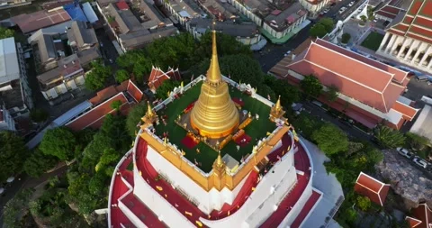 An aerial view of the Golden Mount stands prominently at Saket Temple, The mo Stock Footage 228917558