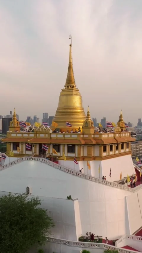An aerial view of the Golden Mount stands prominently at Saket Temple in Bang Stock Footage 279619081