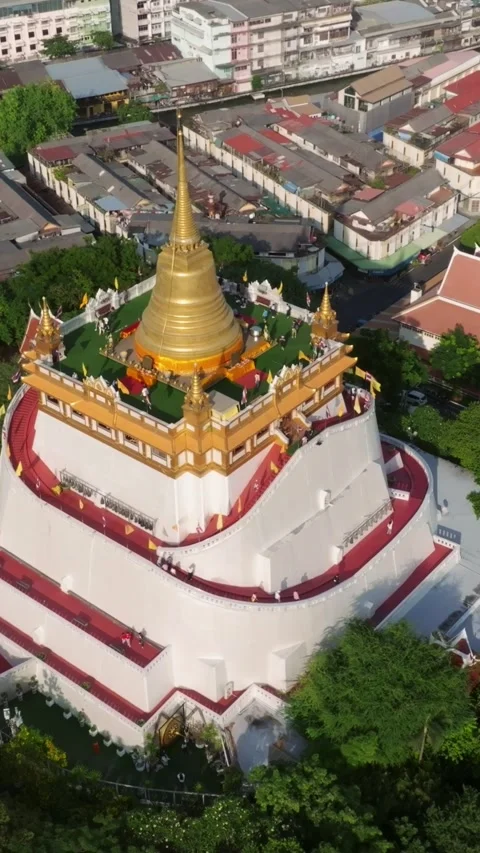 An aerial view of the Golden Mount stands prominently at Saket Temple in Bang Stock Footage 279619086