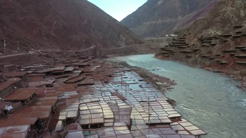 Aerial View of Golden Salt Fields in Yanjing, Tibet, along the Jinsha River Vídeos de archivo 344883833