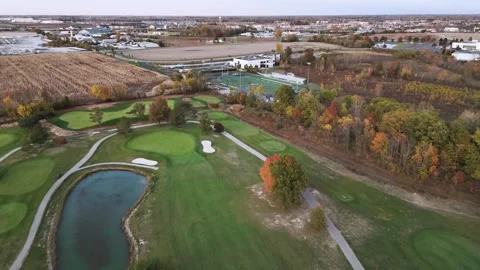 Aerial View of Golf Course with Autumn Foliage Stock Footage 345100042