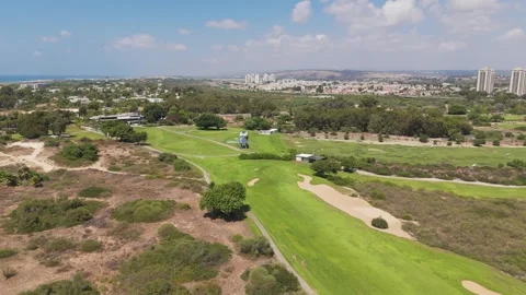 Aerial view of golf course at Dan Caesarea Resort, Israel. Stock Footage 316142714