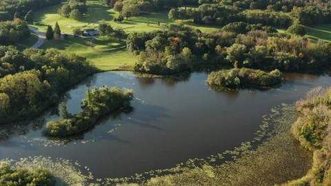 Aerial view of Golf Course. Drone flying over pond, trees, golf course Vidéo 116790327
