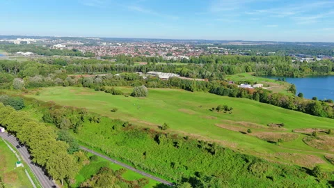 Aerial view of golf course Golf de Torcy, sunny summer day with clear blue sky Stock Footage 250774758