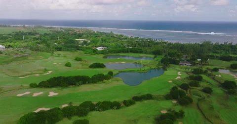 Aerial view of Golf Course with putting green grass and trees. Amazing bird eye Stock Footage 197562300