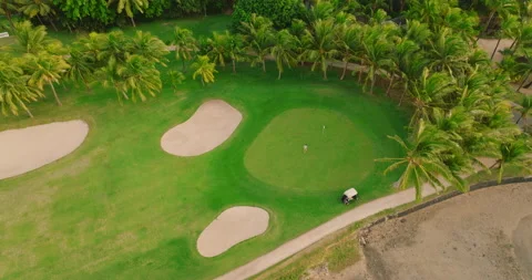 Aerial view of Golf Course with putting green grass and trees. Amazing bird eye Video stock 197986348