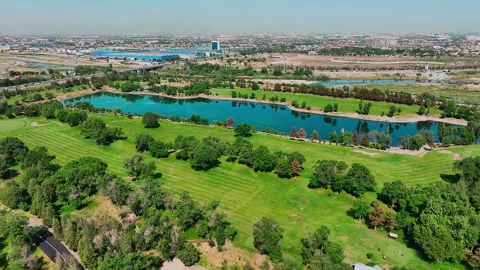 Aerial view of golf courses with water hazard in summer. Drone flying over golf Stock Footage 247947417