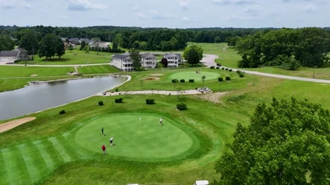 Aerial View of Golf Green with Large Tree and Moving Vehicle Stock Footage 337656313