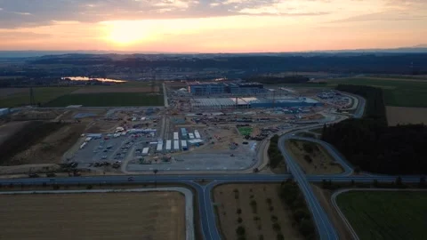 Aerial view of the Google data center construction site in Kronstorf at sunrise Видео 342181900