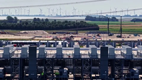 Aerial view of Google data center construction in Eemshaven, Netherlands. Stock Footage 345006690