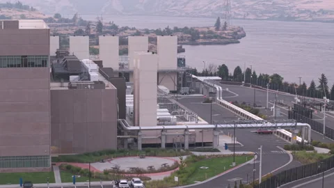 Aerial view of the Google data center in The Dalles, Oregon Stock Footage 345521799