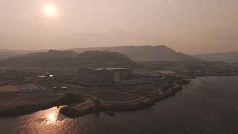Aerial view of the Google data center in The Dalles, Oregon in wildfire haze Stock Footage 345522723