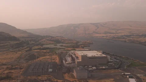 Aerial view of the Google data center in The Dalles, Oregon Stock Footage 345523292