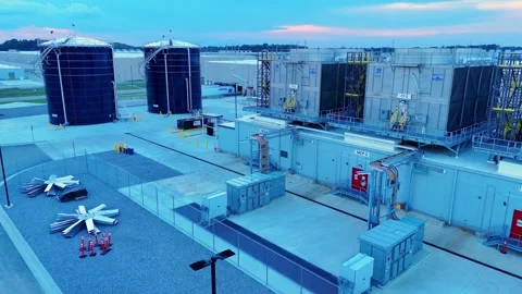 Aerial view of Google data center cooling systems and power infrastructure in Stock Footage 346148047