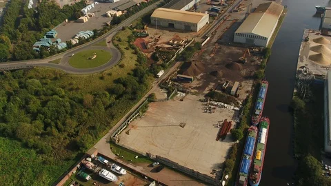 Aerial view of Goole Docks featuring industrial areas and boat yards Stock Footage 88323455