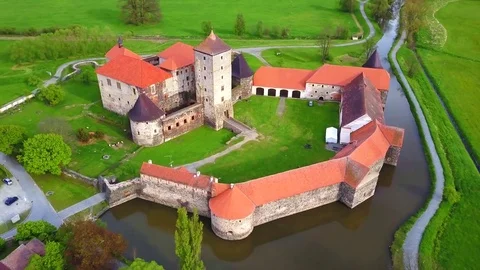 Aerial view of gothic water castle Stock Footage 77640784