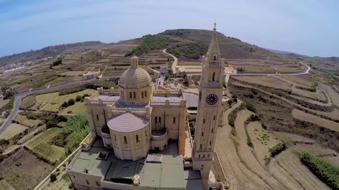 Aerial view Gozo, Malta, Ta Pinu famous basilica Stock Footage