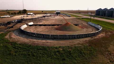 Aerial view of grain being piled in a ground storage ring near Lebanon Video stock 345532267