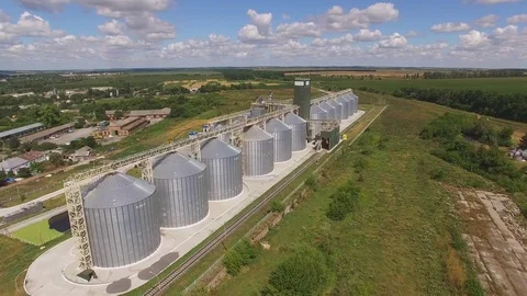 Aerial view of grain bins. Stock Footage