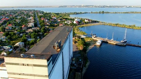 Aerial view of grain elevator builded in 1979 during soviet union. Stock Footage 121315892