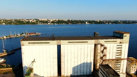 Aerial view of grain elevator builded in 1979 during soviet union. Stock Footage 121315962